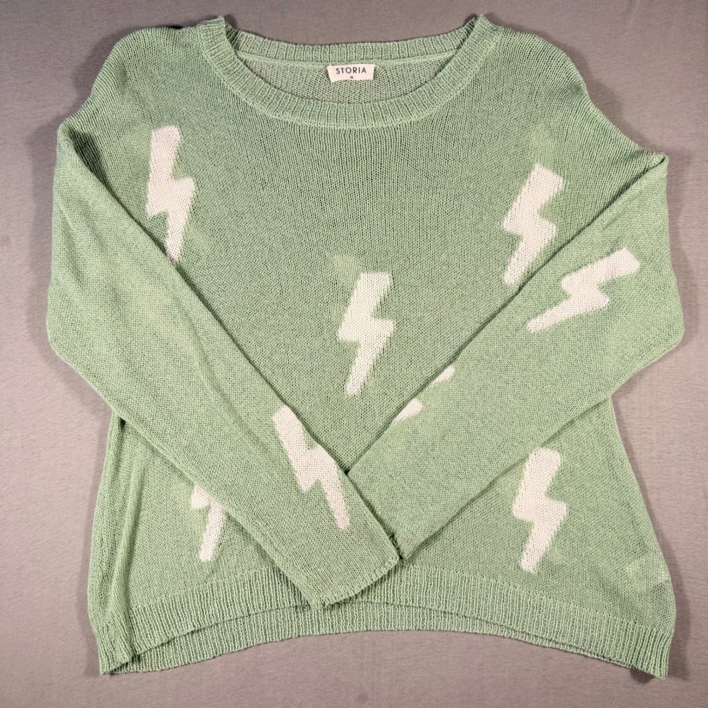 Storia Mint Green Lightning Bolt Knit Sweater Womens Medium‎ JT2534 Pullover